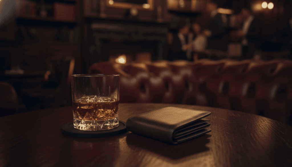 Wallet and drink on club table under neon lights, symbolizing budget awareness and knowing when to leave in West Palm Beach
