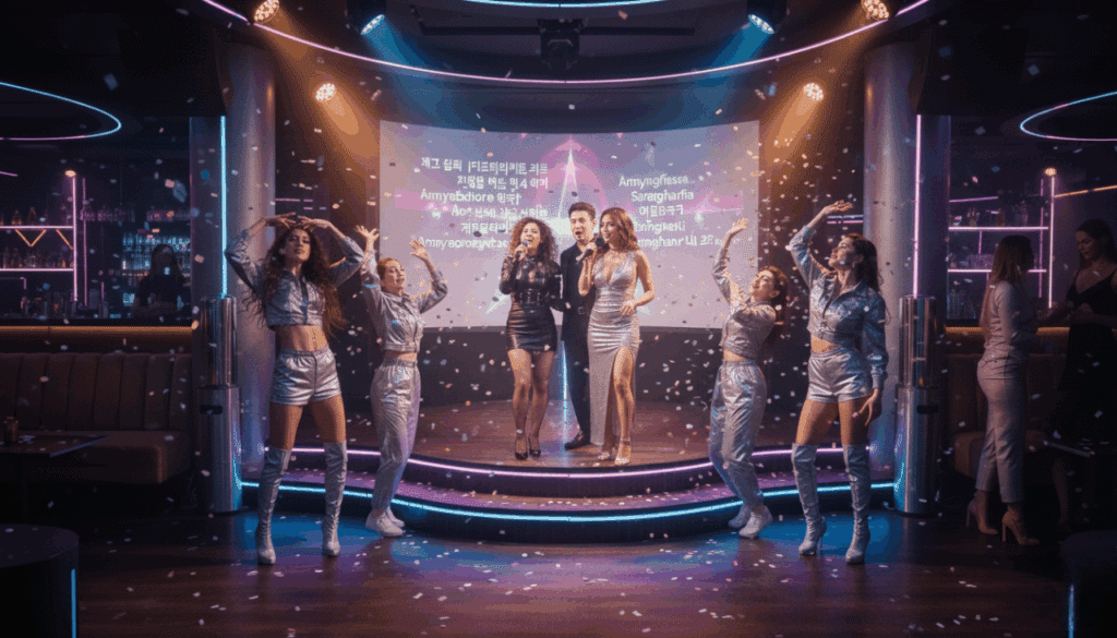 Guests and dancers enjoying karaoke in a lively strip club in West Palm Beach with interactive entertainment