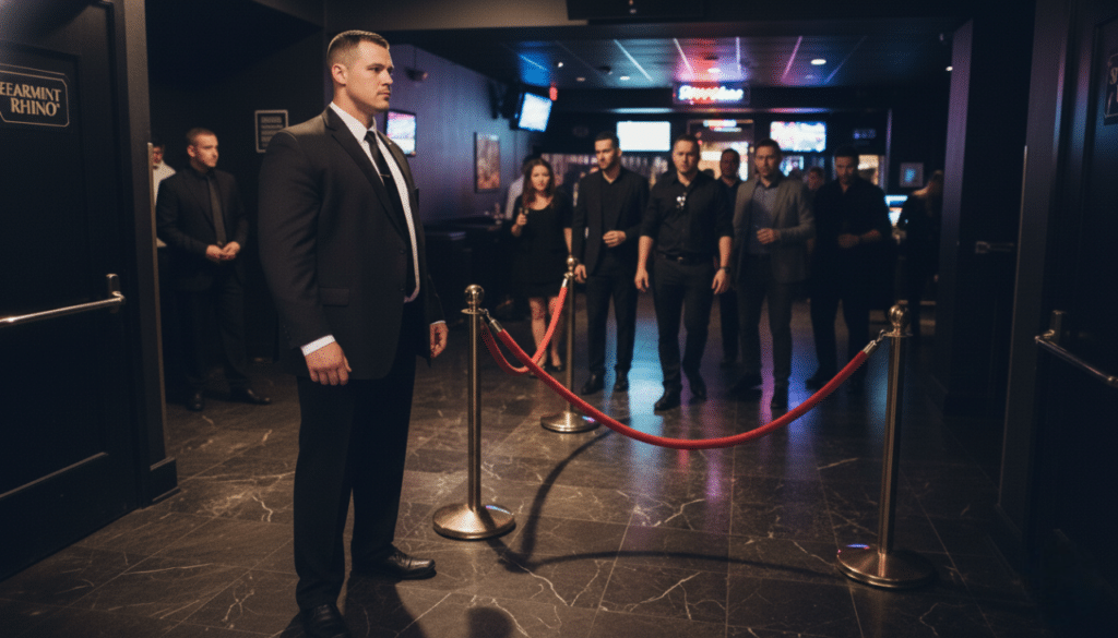 Strip club bouncer monitoring the entrance inside Spearmint Rhino in West Palm Beach.