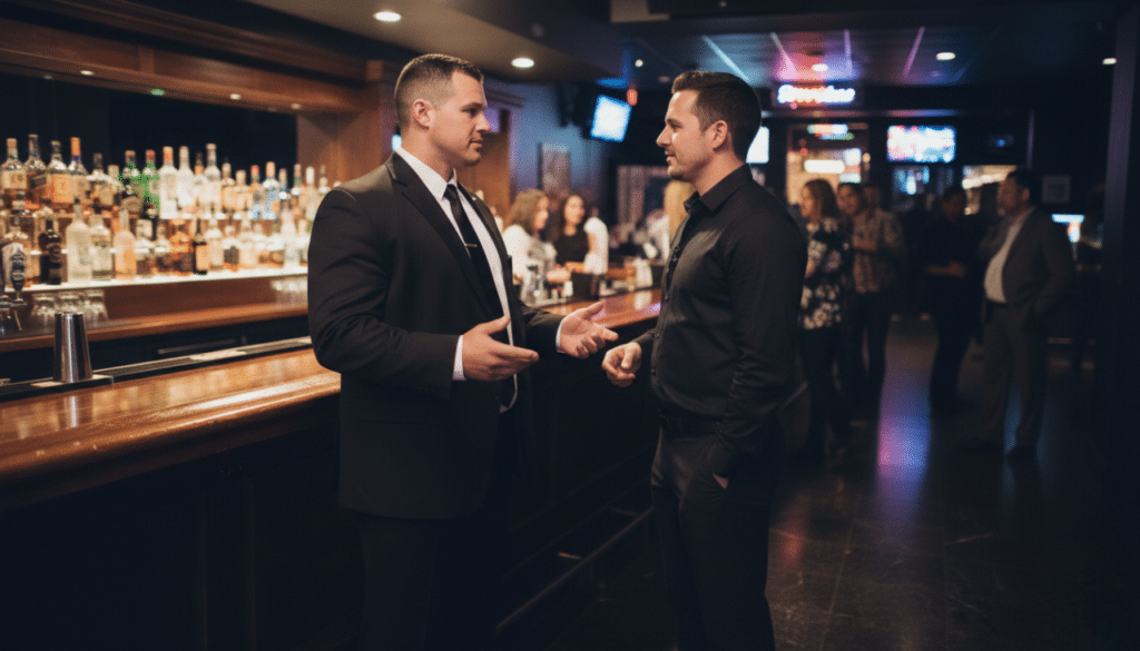 Strip club bouncer calmly speaking with a guest inside Spearmint Rhino.
